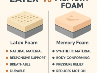 Foam vs hybrid mattress comparison chart showing illustrations of each type. Foam mattresses highlight contouring comfort, pressure relief, and lower cost, while hybrid mattresses emphasize support, airflow, spinal alignment, and durability. Health and wellness blog graphic.
