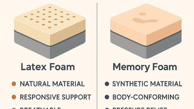 Foam vs Hybrid Mattress Comparison for Support, Health, and Wellness – Tammy Lynn Reviews Foam vs hybrid mattress comparison chart showing illustrations of each type. Foam mattresses highlight contouring comfort, pressure relief, and lower cost, while hybrid mattresses emphasize support, airflow, spinal alignment, and durability. Health and wellness blog graphic.
