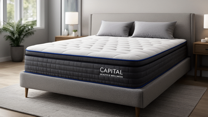 Capital Health & Wellness mattress with white top and gray sides designed for back support
