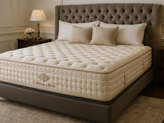 Luxury hand-tufted mattress in an elegant bedroom setting with upholstered headboard, nightstands, and warm ambient lighting.