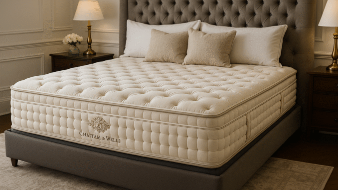 Luxury hand-tufted mattress in an elegant bedroom setting with upholstered headboard, nightstands, and warm ambient lighting.